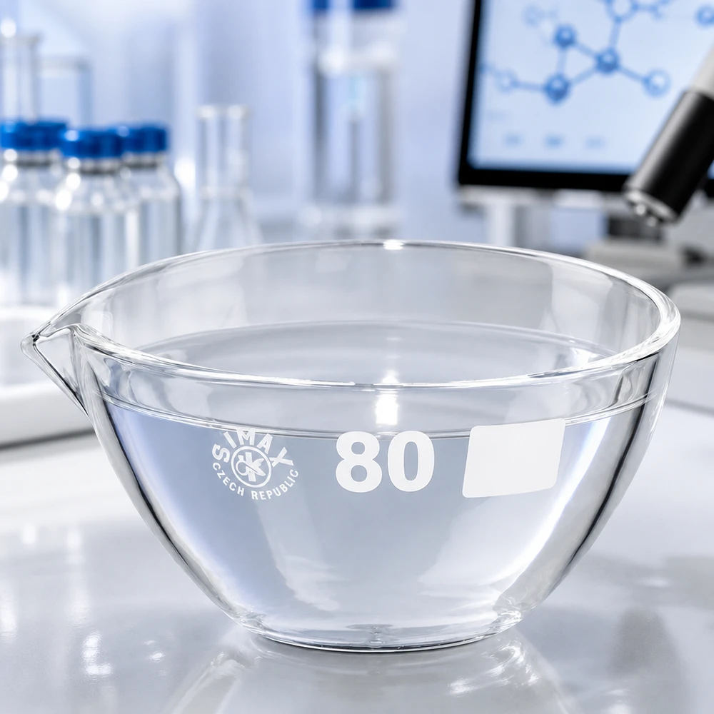 Indampschaal 90ml van borosilicaatglas met schenktuit Robuust laboratoriumglaswerk 90 ml borosilicaat verdampingsschaal met praktische schenktuit voor laboratoriumgebruik