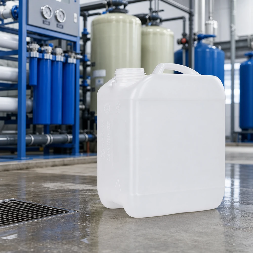 Een jerrycan van 2,5 liter met chemicaliën, zonder deksel, voor een omgekeerde-osmose-installatie op een betonnen vloer