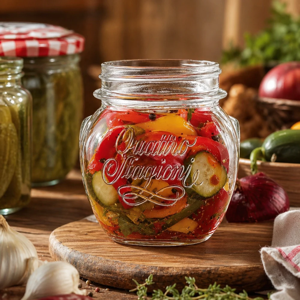 300ml huishoudglas "Quattro Stagioni" 300 ml Quattro Stagioni inmaakpot met ingemaakte groenten op een houten plank in een rustieke keuken