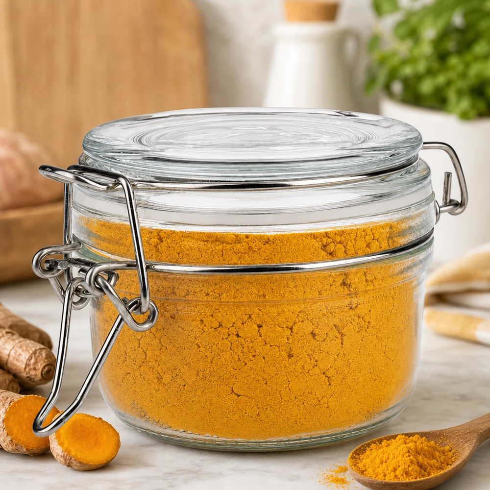 100 ml voorraadpot type S met scharnierende top UN. Luchtdicht bewaarpotje van 100 ml met metalen handvat, perfect voor kurkuma en andere kruidenpoeders
