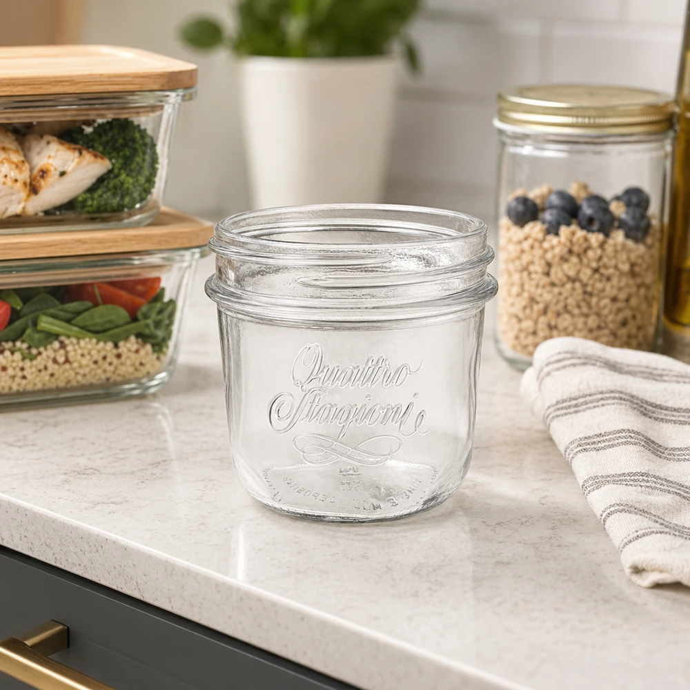 200 ml "Quattro Stagioni" juwelenglas 200ml Quattro Stagioni Einmachglas mit elegantem Design für Küche Vorratshaltung und Dekoration auf Marmor Arbeitsplatte