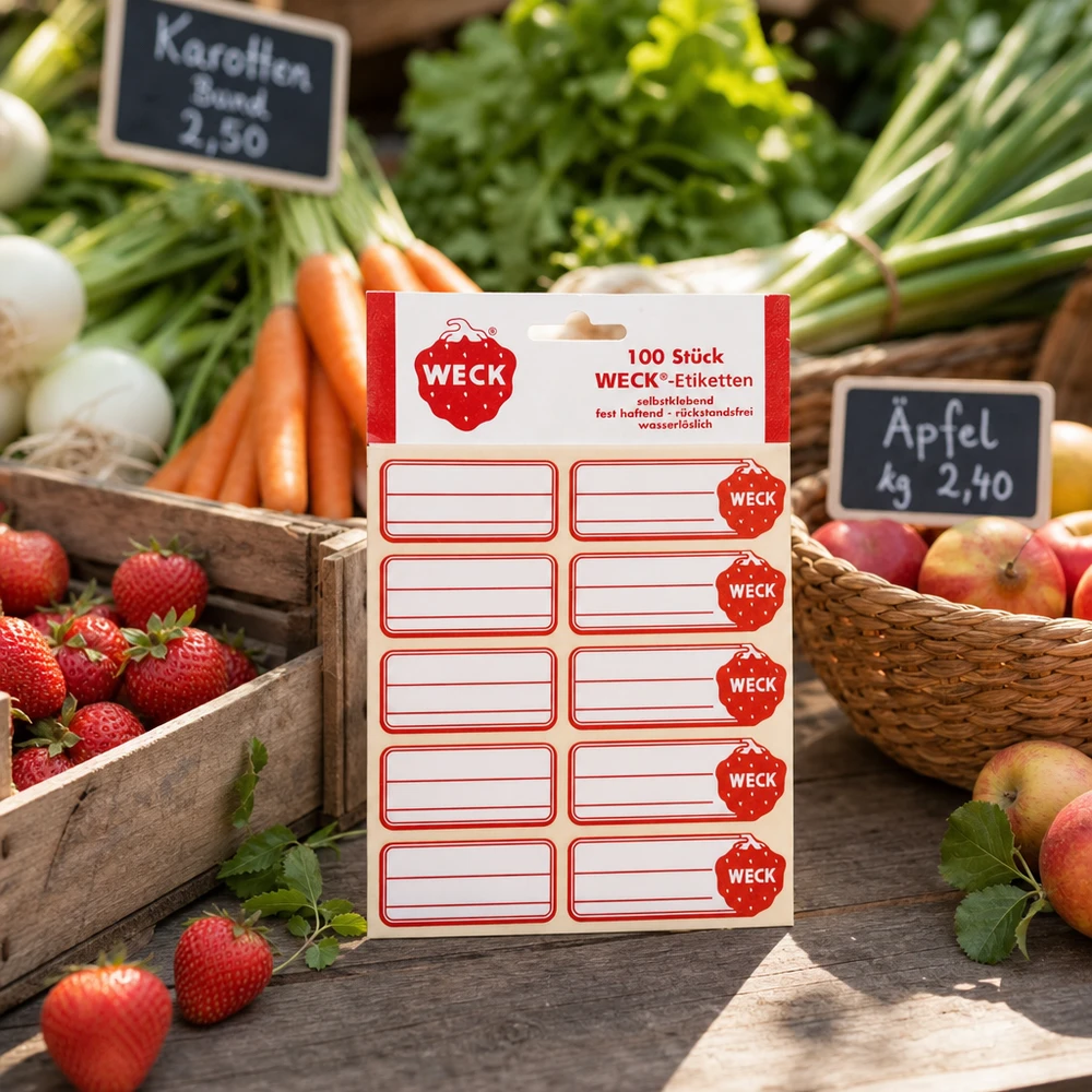 WECK-etiketten 19 x 13 mm (verpakking(en) van 100 stuks) WECK etiketten 100 stuks verpakking in de marktkraam tussen verse fruitgroenten wortelen aardbeien appels
