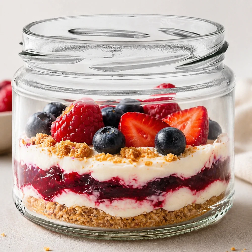 330ml rond glas zonder deksel (TO82) UNiTWIST UNiTWIST Runda330 rond glas gevuld met kleurrijk bessendessert gelaagd dessert trifle bessen room biscuitbodem