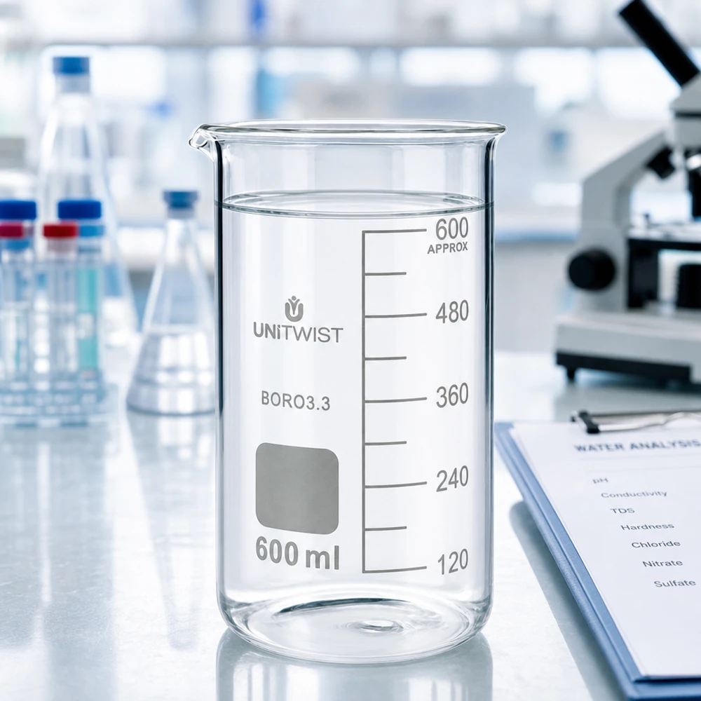 Beker 600ml borosilicaat, hoge vorm UNITWIST UNITWIST bekerglas 600 ml, hoog model, met reageerbuisjes en Erlenmeyer-kolven op de achtergrond