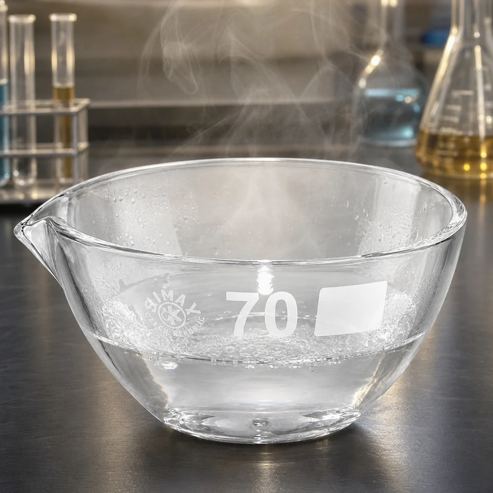 Indampschaal 60ml van borosilicaatglas met schenktuit Compacte glazen kom met een diameter van 70 mm en schenktuit voor het gecontroleerd schenken van vloeistoffen