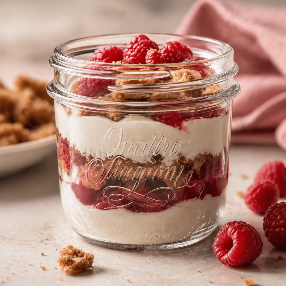 200 ml "Quattro Stagioni" juwelenglas 200 ml Quattro Stagioni decoratieve pot gevuld met dessert, frambozen en koekjes, transparante inmaakpot voor de keuken
