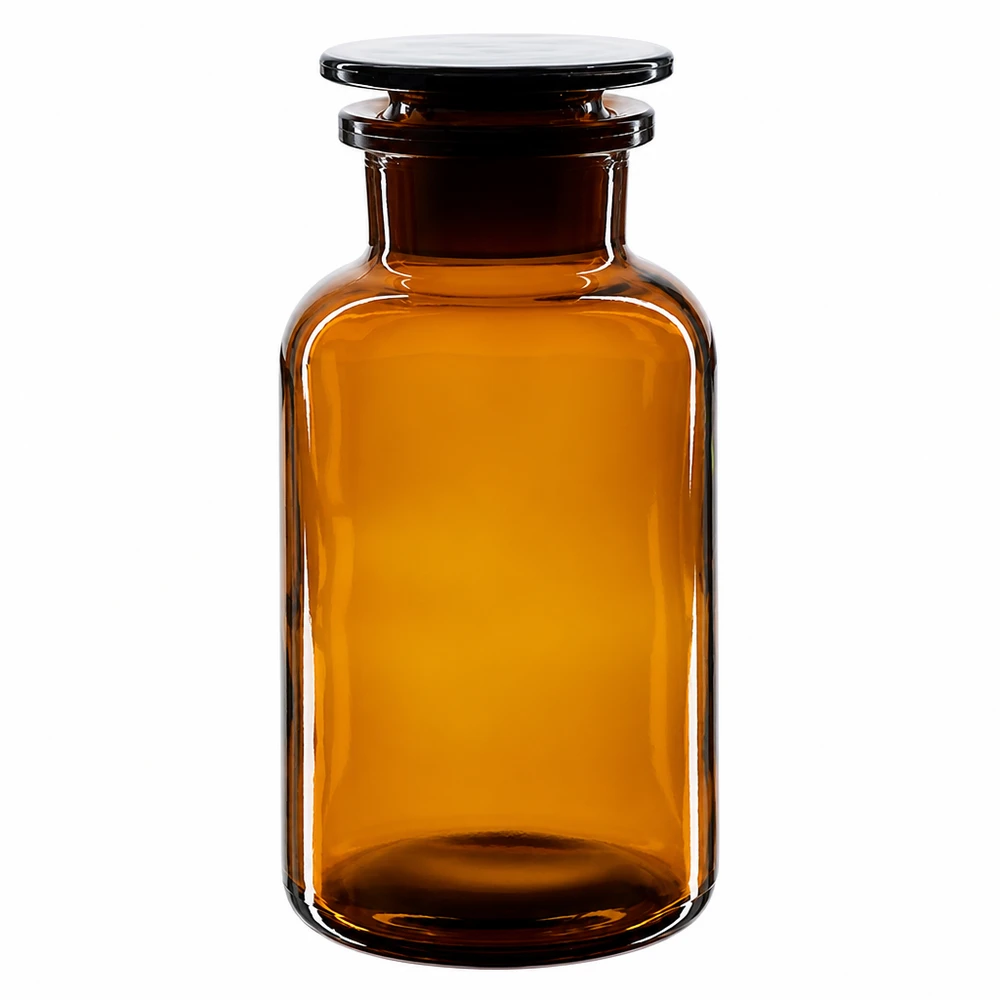 Apothekersfles 500 ml wijde hals bruin glas incl. glazen stop Klassieke fles met ronde schouders, 500 ml, bruin glas, brede hals, voor chemicaliën en reagentia