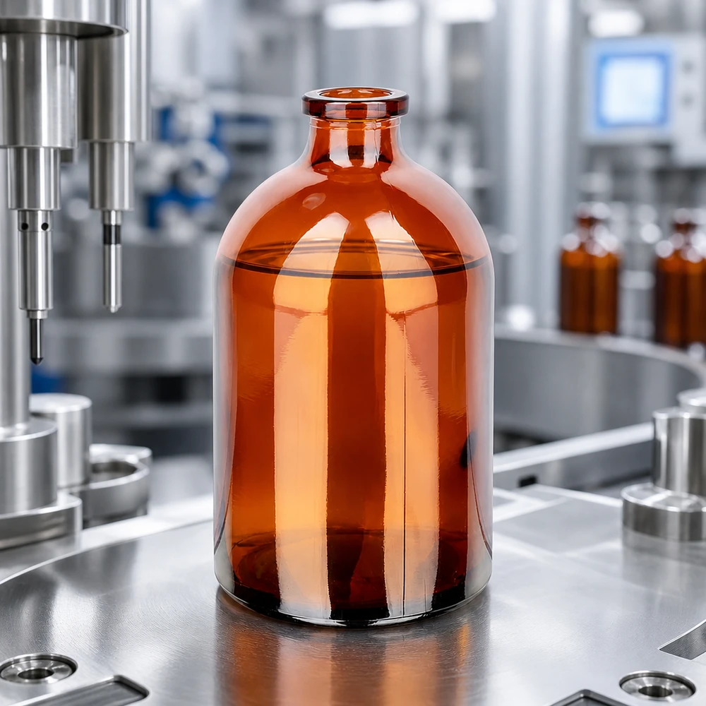 Injectiefles bruin glas 100ml Sterile Injektionsflasche 100ml aus Braunglas auf Edelstahlunterlage neben Abfüllnadel