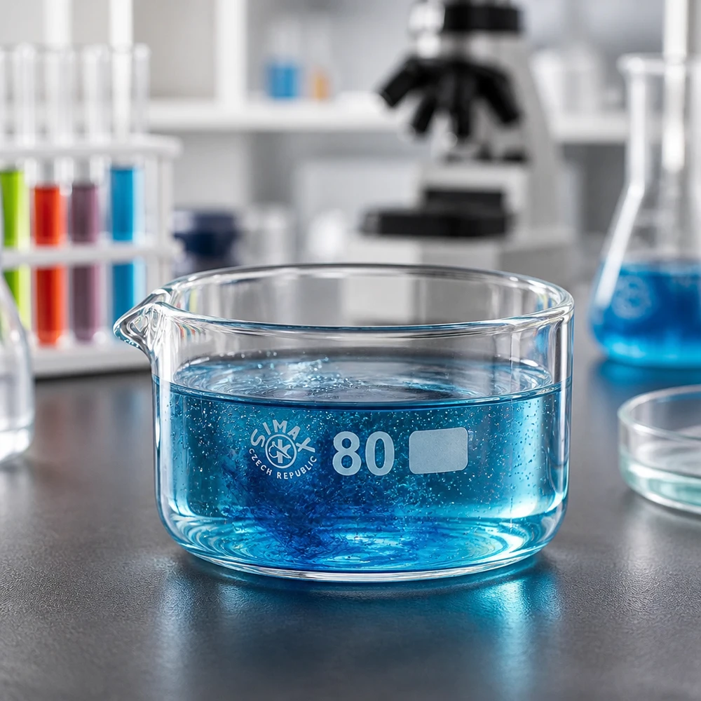 Vlakke glazen schaal van 150 ml met uitgietmond voor chemische analyses en verdampingsprocessen, ø 80 mm