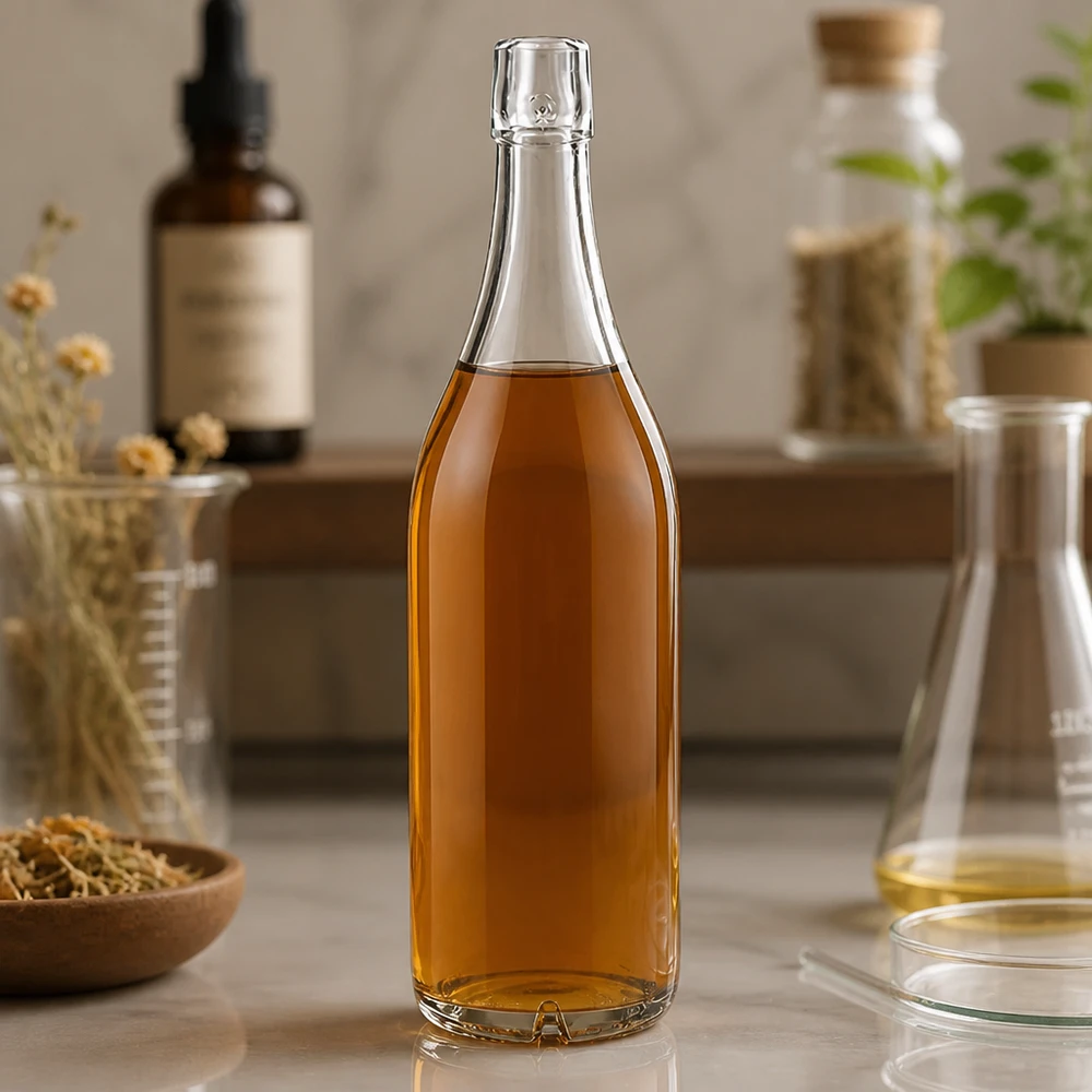 Glazen fles 1000ml UNiTWIST met amberkleurige inhoud in een natuurlijke keukenomgeving met kruiden en flessen