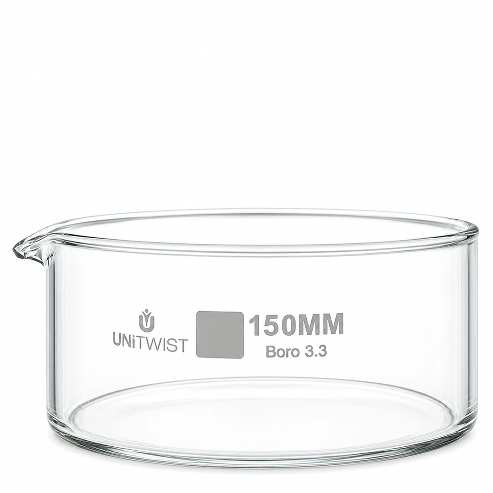 Kristalliseer schaal ø150mm borosilicaatglas UNiTWIST UNiTWIST kristallisatieschaal ø150 mm, helder laboratoriumglas met uitloop voor verdamping