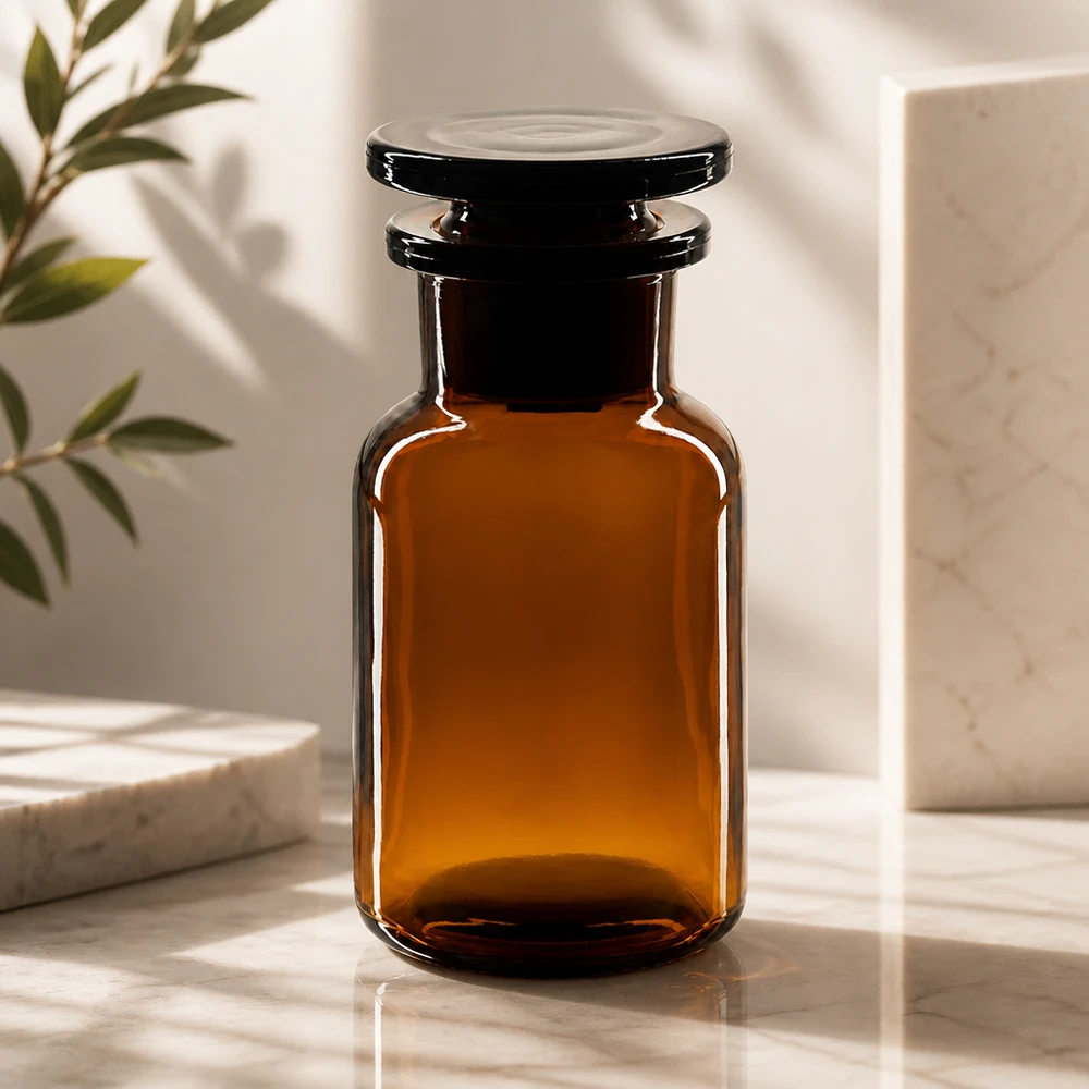 Apothekersfles 100 ml wijde hals bruin glas incl. glazen stop Chemische fles met brede hals, 100 ml, bruin, met glazen stop, zuurbestendig, duurzaam