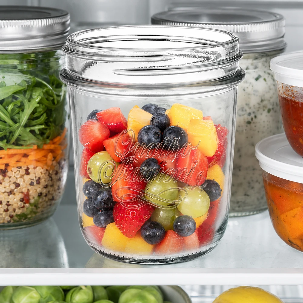 320ml "Quattro Stagioni" beker QS86mm 320 ml Quattro Stagioni bekers met kleurrijke fruitsalade in de koelkast, inmaakpotje voor het bereiden en bewaren van maaltijden