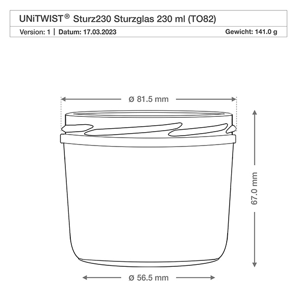 UNiTWIST Sturz230 - bekerinhoud 230ml TO82 Technische Zeichnung 230ml Sturzglas mit Maßangaben und Produktdetails für präzise Größenvorstellung
