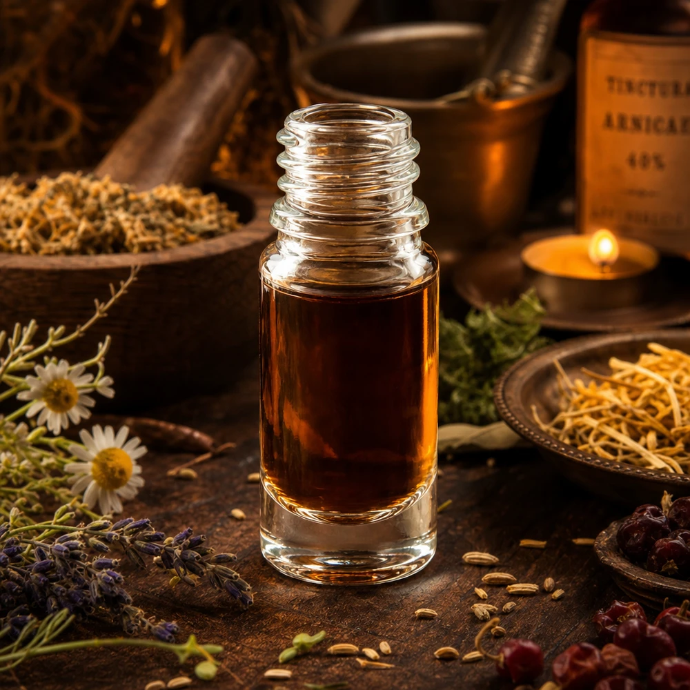 Helder glazen fles 5ml 5ml ApoGlas apothekersflesje tussen geneeskrachtige kruiden en kamillebloesems in een warme natuurgeneeskundige omgeving
