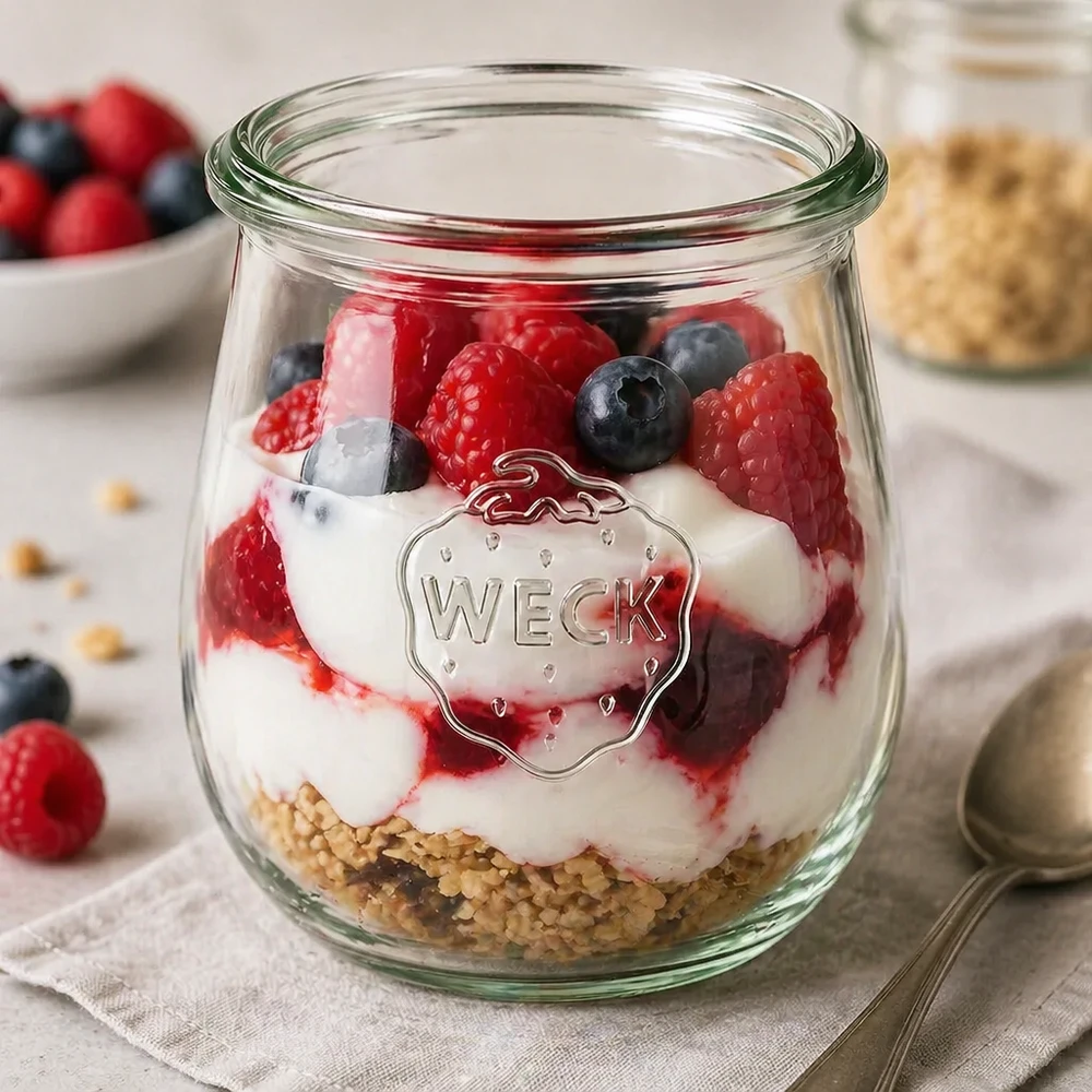 WECK tulp pot 220ml RR60 als dessert pot met yoghurt bessen en granola voor perfecte portionering en presentatie