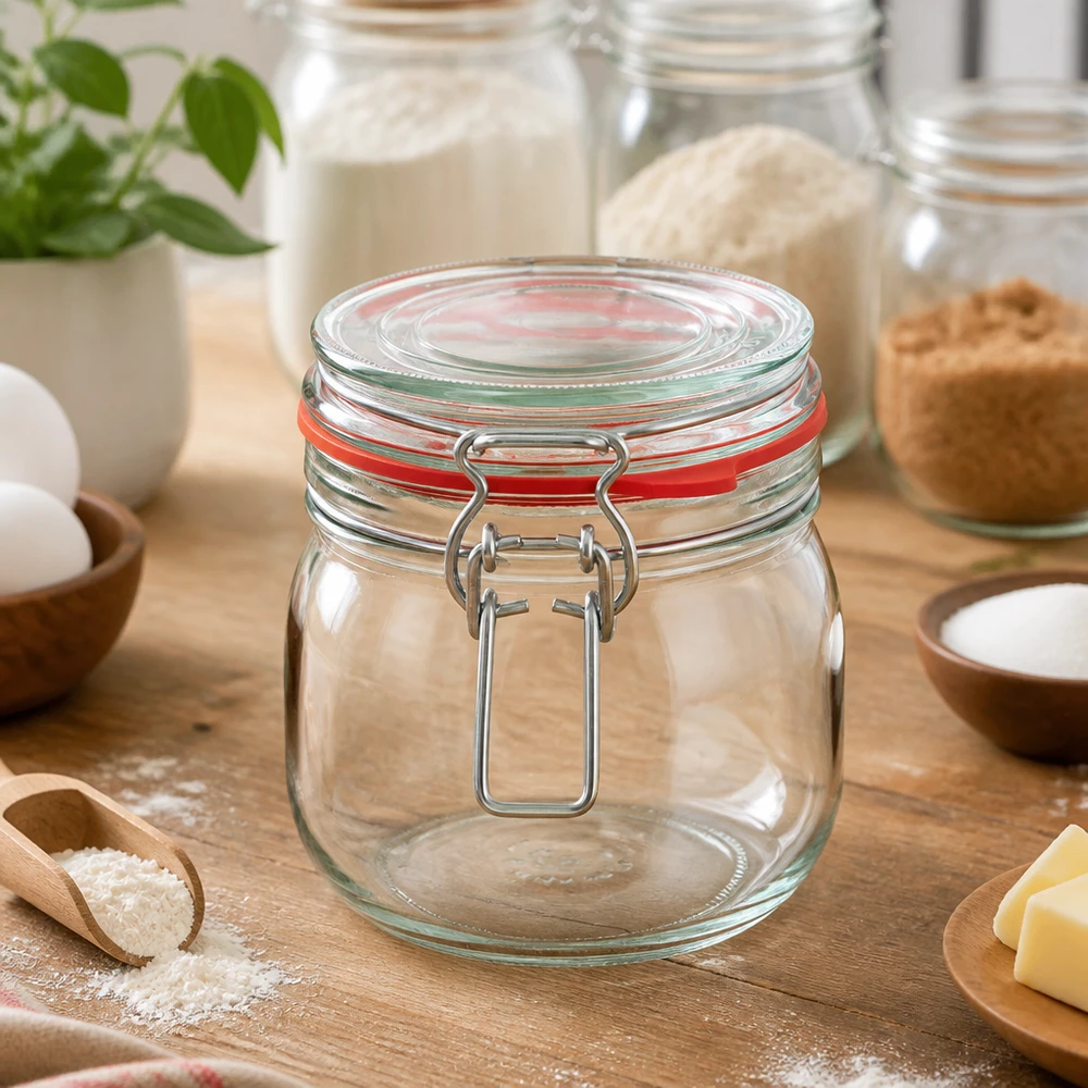 634 ml voorraadpot type G met beugelsluiting UN.. Transparante voorraadpot 634ml met flip-top deksel ideaal voor bloem, suiker en bakingrediënten