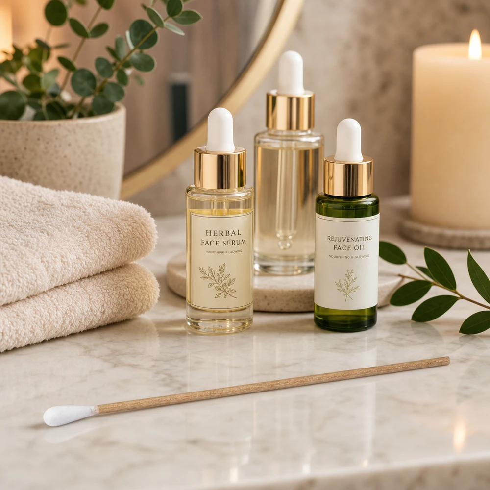 Wattenstaafjes NIET STERIEL 1 st. Oorstokjes (niet-steriel) naast natuurlijke cosmeticaproducten op een lichte marmeren steen met plantendecor