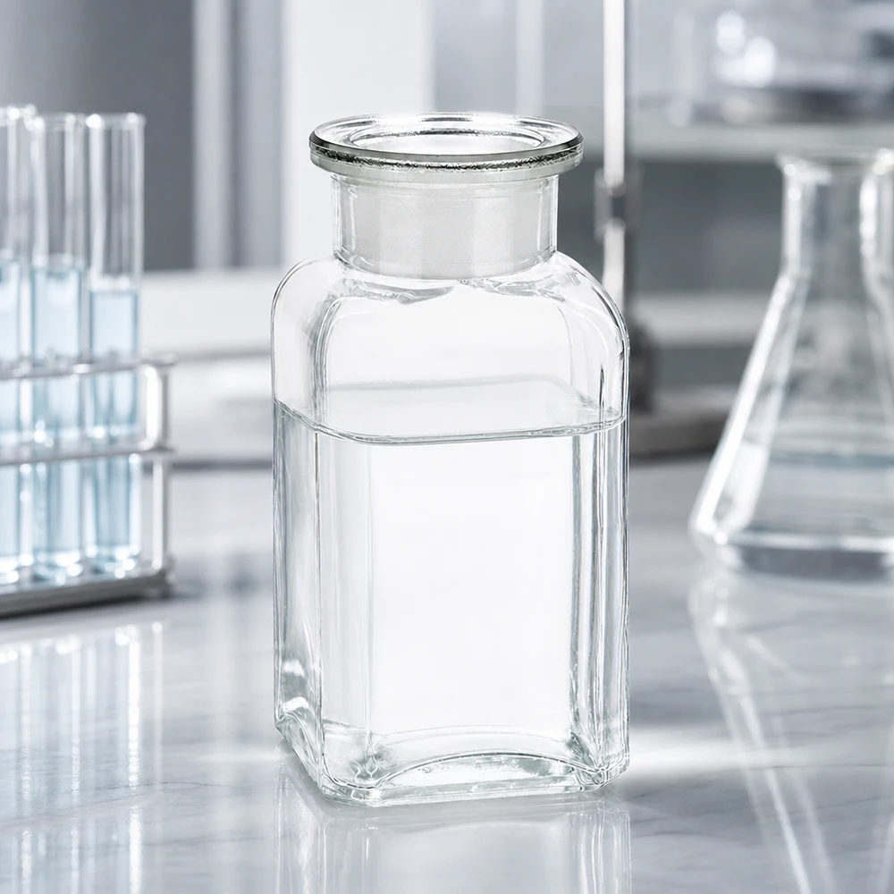 Vierkant-apothekersfles 100 ml wijde hals helder glas incl. glazen stop Vierkante fles van 100 ml van helder glas met een brede opening voor het veilig bewaren van vloeistoffen