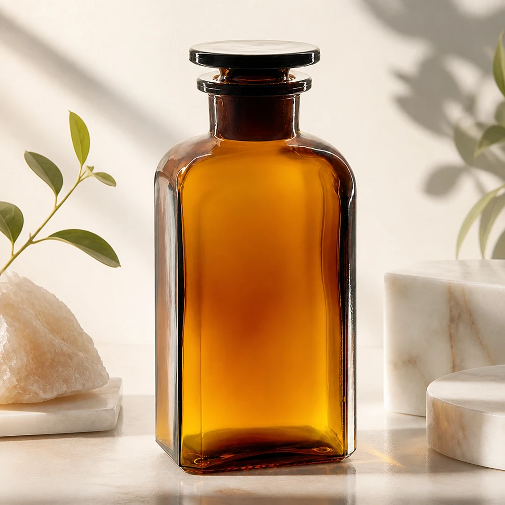 Vierkant-apothekersfles 250 ml wijde hals bruin glas incl. glazen stop Bruine apothekersfles van 250 ml, vierkant, met brede hals en glazen dop, voor aromatherapie