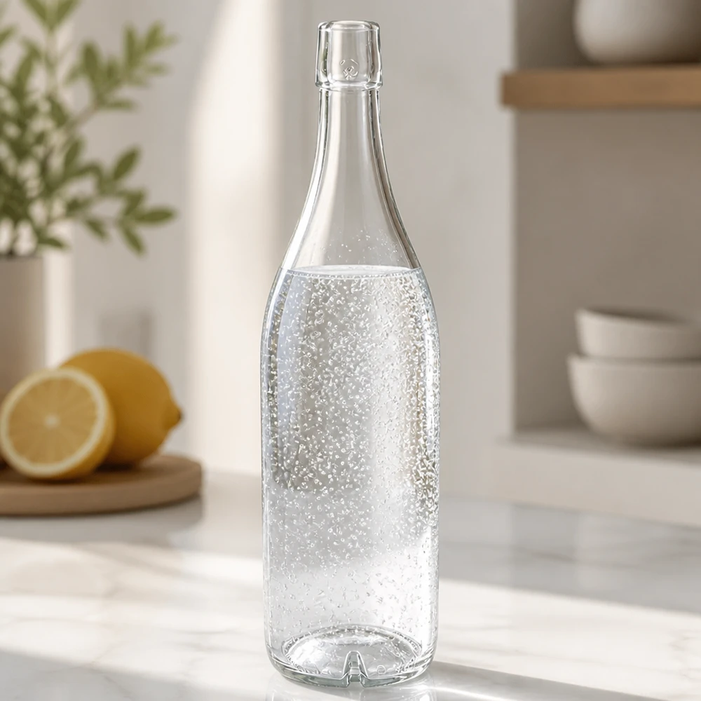 Glazen fles 1000ml UNiTWIST gevuld met bruisend water Aanrecht citroenen moderne keukeninrichting helder