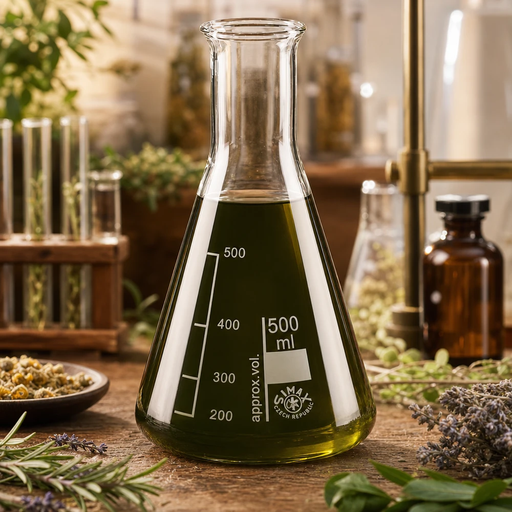 Erlenmeyer 500ml nauwe hals borosilicaat met afgeronde rand Erlenmeyer 500ml van hittebestendig laboratoriumglas met olijfgroene inhoud op een houten tafel