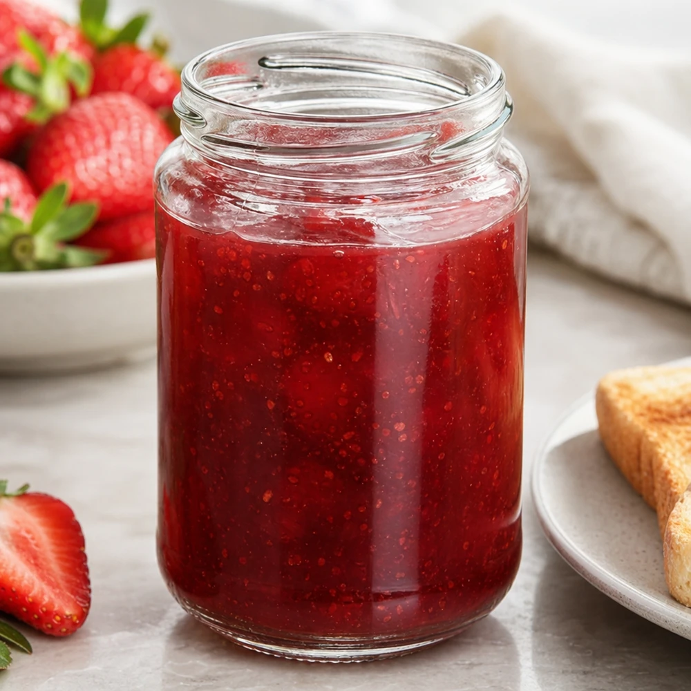 390ml rond glas zonder deksel (TO70) UNiTWIST UNiTWIST Runda390 rond glas 390ml TO70 gevuld met rode aardbeienjam naast verse aardbeien en toast