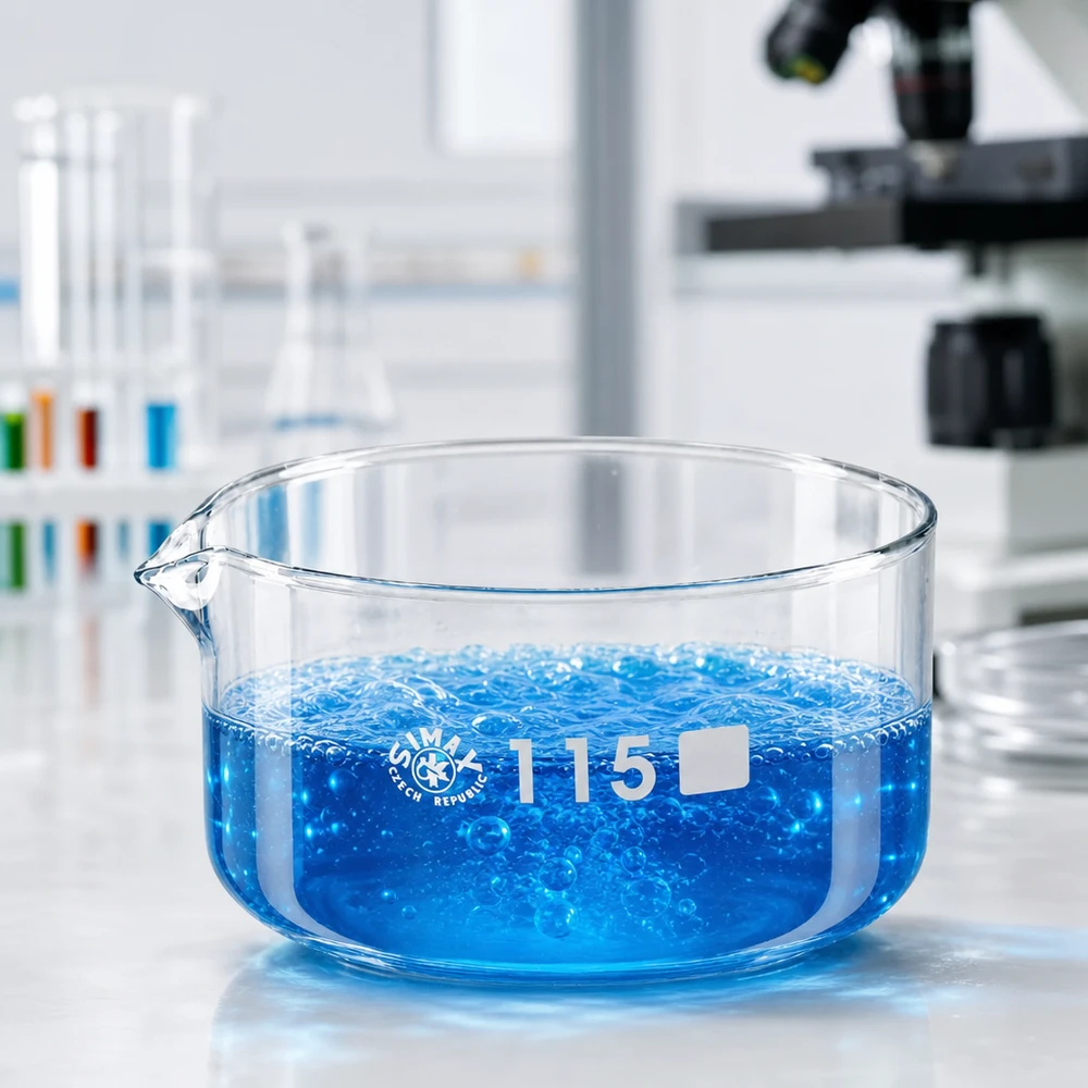 Vlakke laboratoriumschaal met uitgietmond, 500 ml, blauw, met kokende chemicaliën; microscoop op de achtergrond, 115 mm