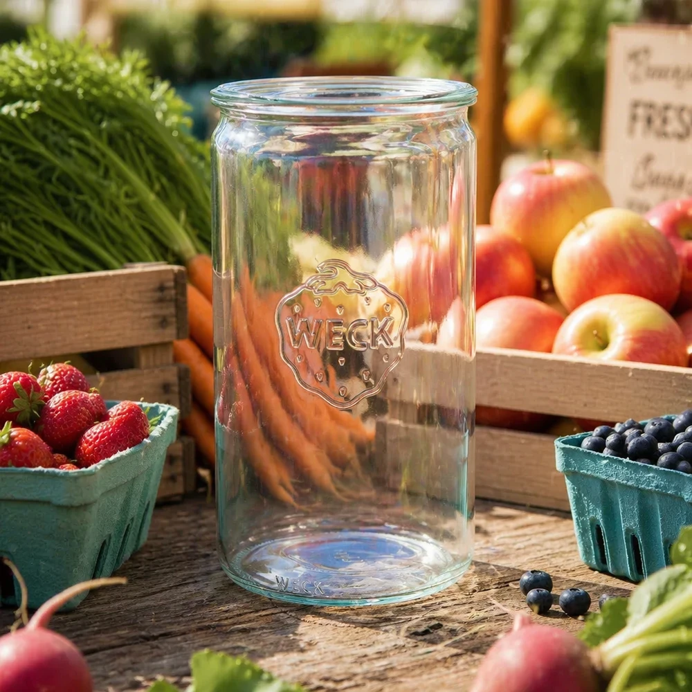 WECK RR100 cilinderpot 1590ml leeg op een houten tafel omringd door vers fruit, bessen en groenten in een marktsfeer