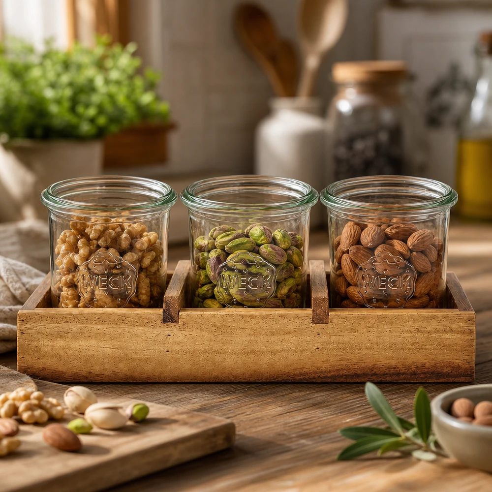 Dienblad Box3 acaciahout voor 3 WECK stortglas WECK tuimelschalen met noten Walnoten Pistachenoten Amandelen in acaciahout Dienblad Box3 Keukenopbergers Opbergpotten