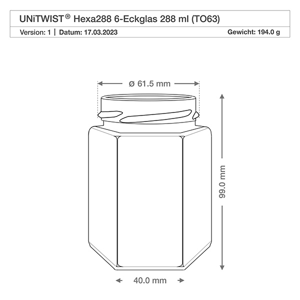 UNiTWIST Hexa288 6-hoekig glas 288ml TO63 Technische tekening met afmetingen Diameter 61,5mm Hoogte 99mm Gewicht 194g