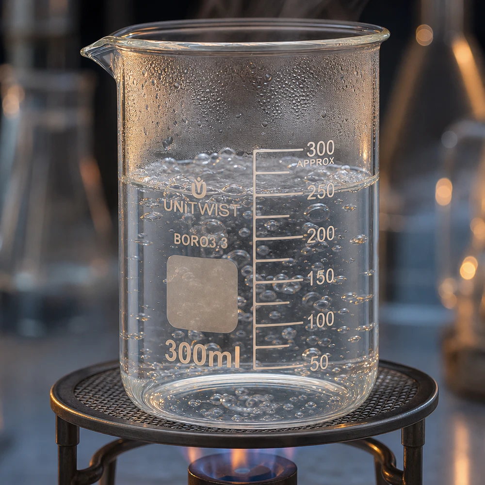 Borosilicaat laboratoriumglas van 300 ml, laag model, met kokende vloeistof tijdens een laboratoriumexperiment