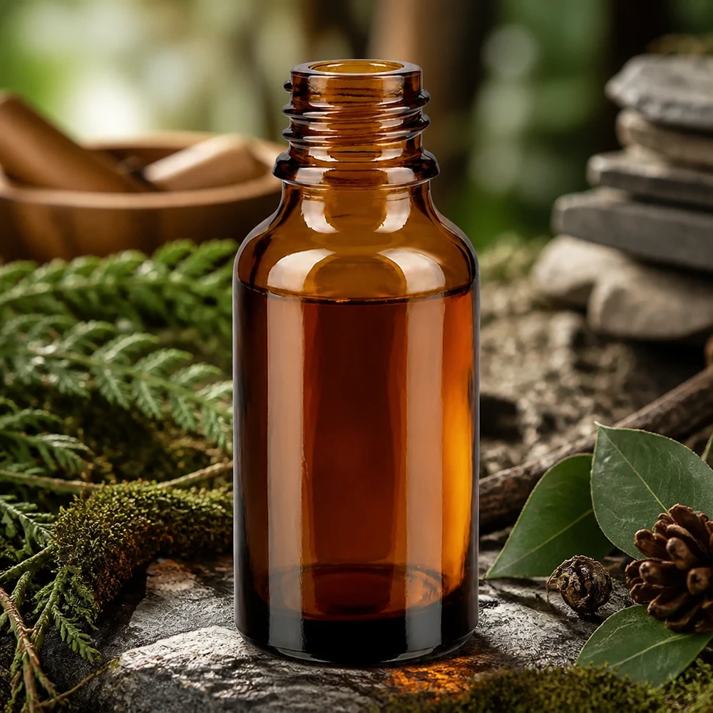 30ml bruine apothekersfles ApoGlas 30ml bruine ApoGlas fles in een natuurlijke bosomgeving met mos, varen en dennenappels voor natuurgeneeskunde