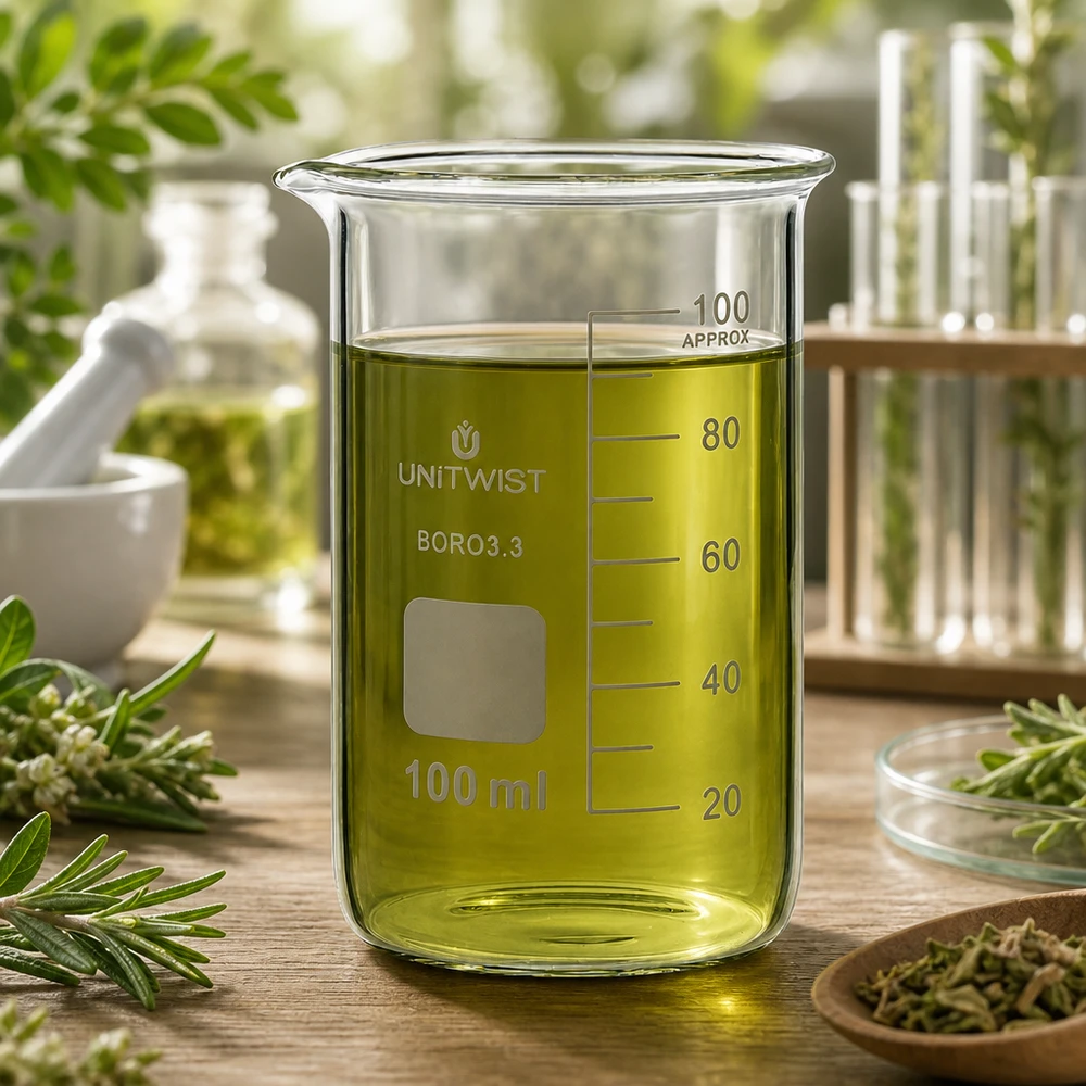 Beker 100ml borosilicaat, hoge vorm UNITWIST Hoogvormig bekerglas 100 ml, borosilicaat, UNITWIST, geschikt voor etherische oliën en botanische extracten
