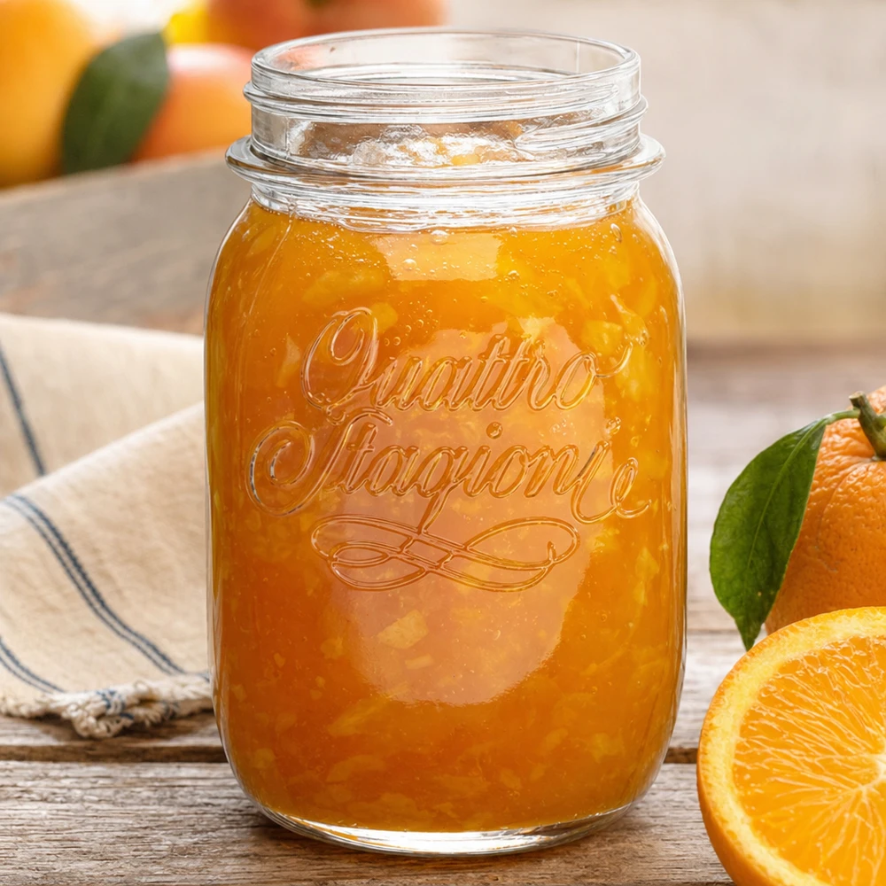 500ml huishoudglas "Quattro Stagioni" 500ml Quattro Stagioni huishoudpot gevuld met sinaasappelmarmelade naast verse sinaasappels op houten tafel
