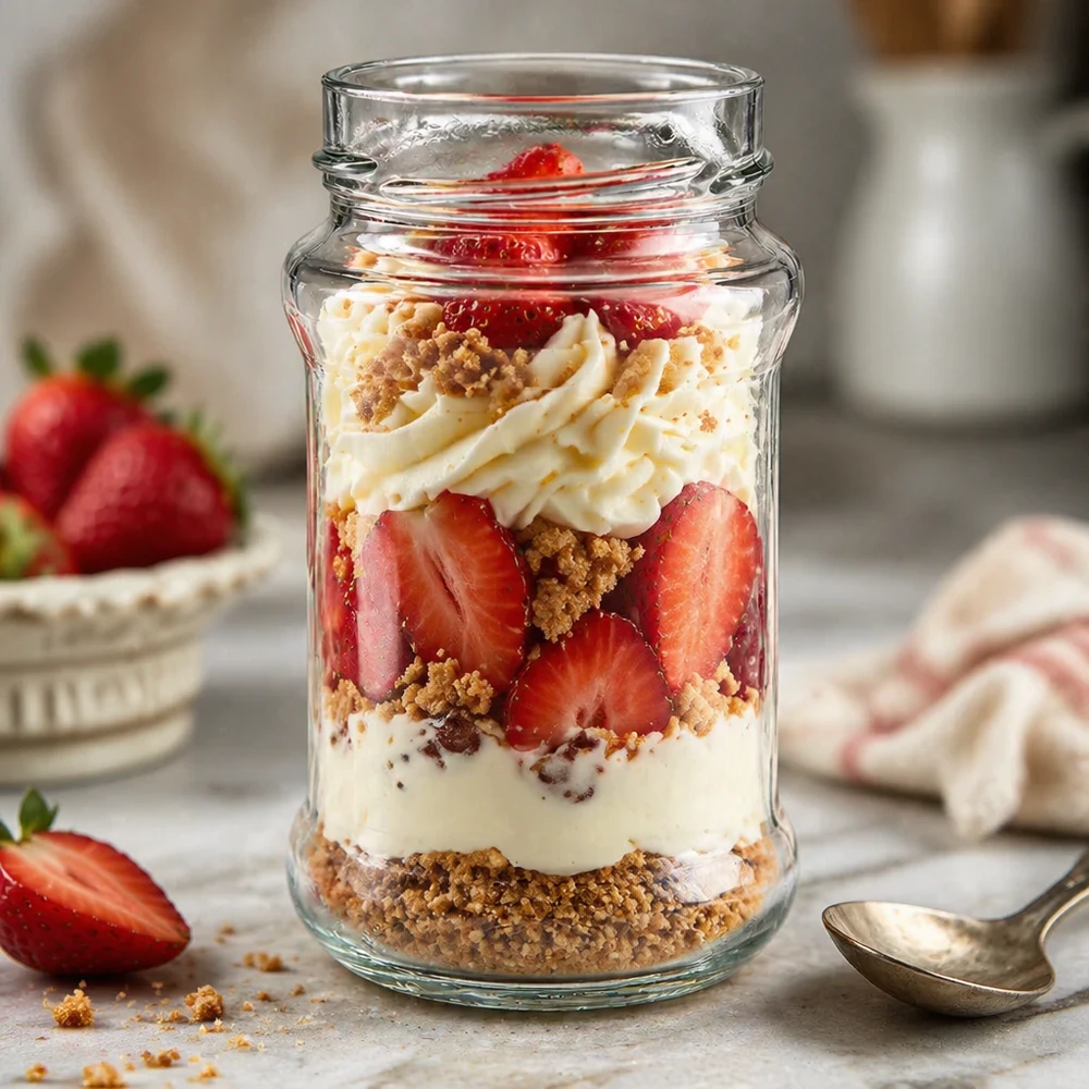 390ml rond glas zonder deksel (TO66deep) UNiTWIST UNiTWIST Runda390 ronde pot 390ml met aardbeien dessert laagjes TO66deep sluiting inmaakpot keuken