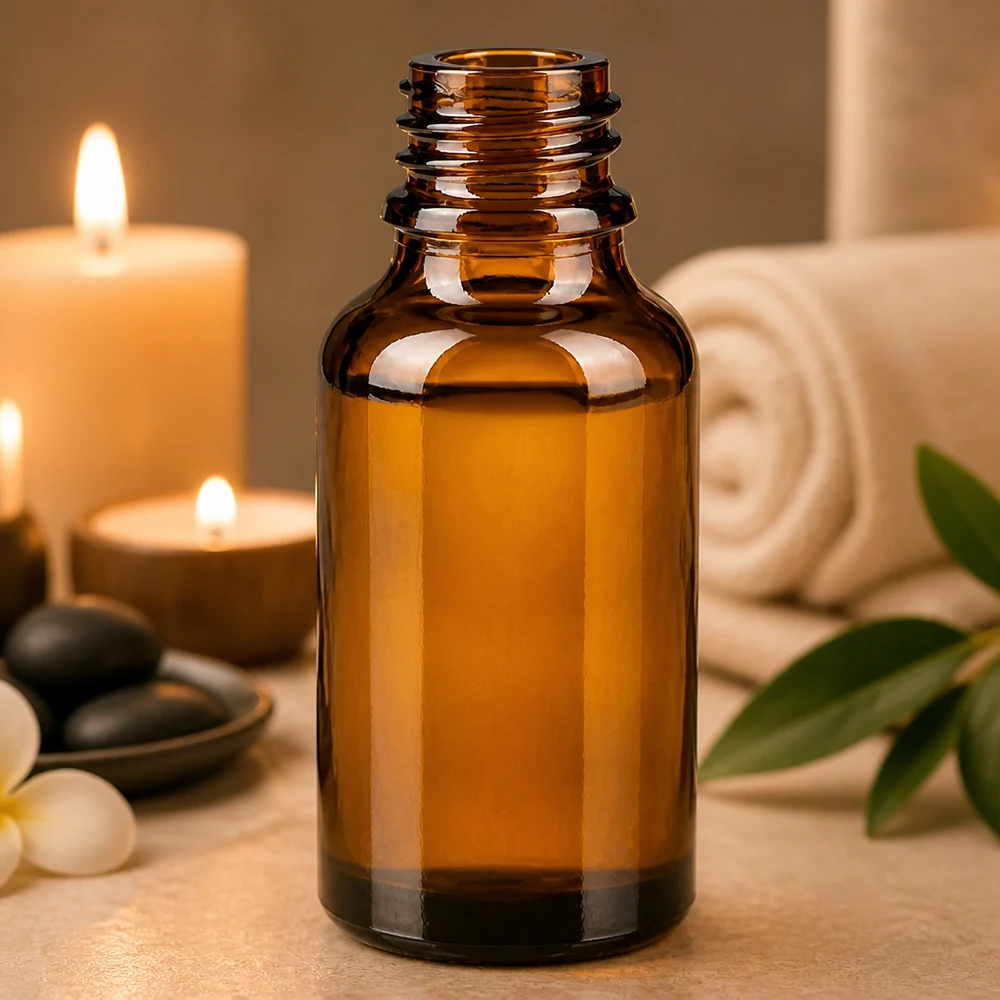 30ml bruine apothekersfles ApoGlas 30ml bruine ApoGlas fles met wellness accessoires spastenen handdoek en aromatherapiekaarsen