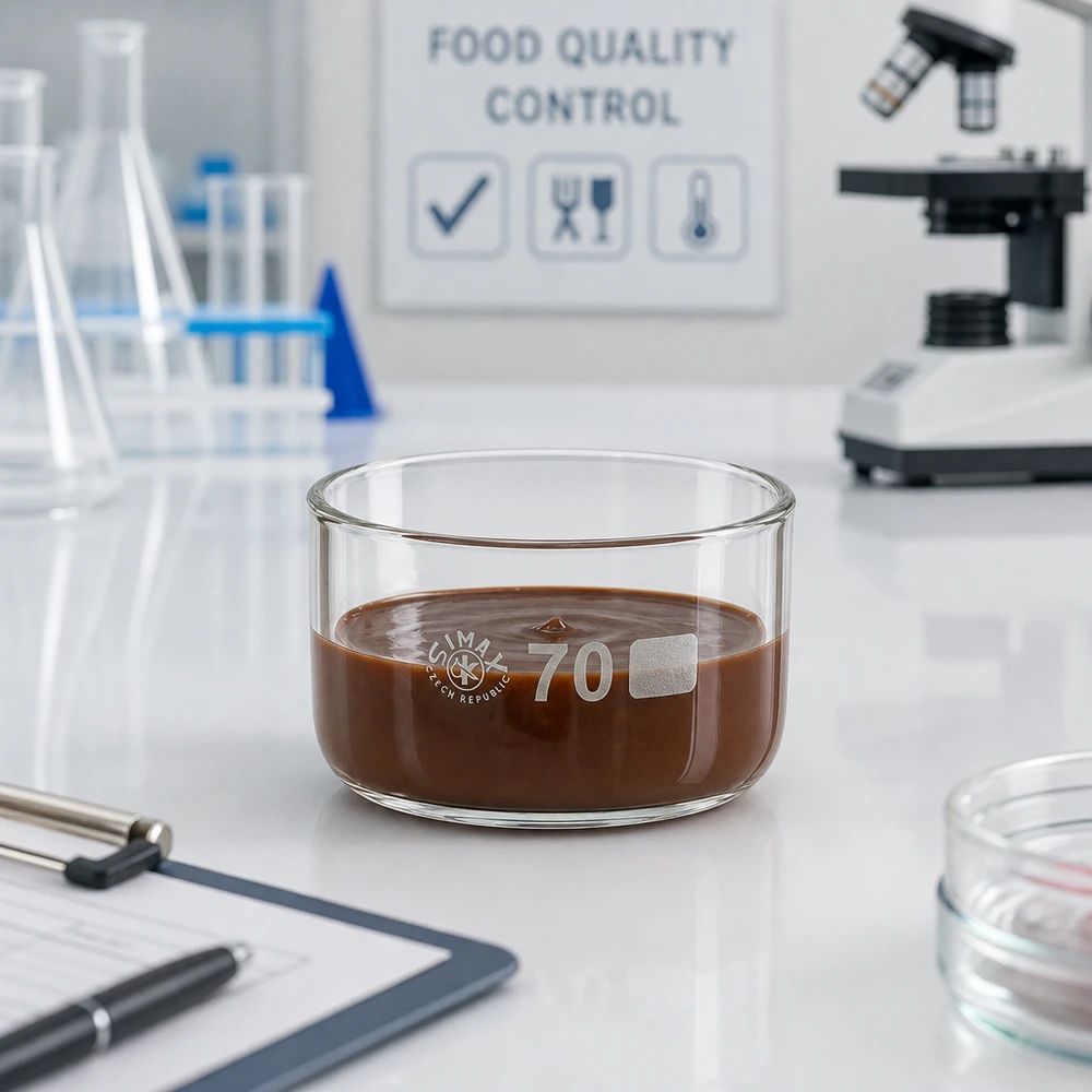Kristallisatieschaal van borosilicaatglas met een stroperig bruin monster op een wit laboratoriumwerkblad