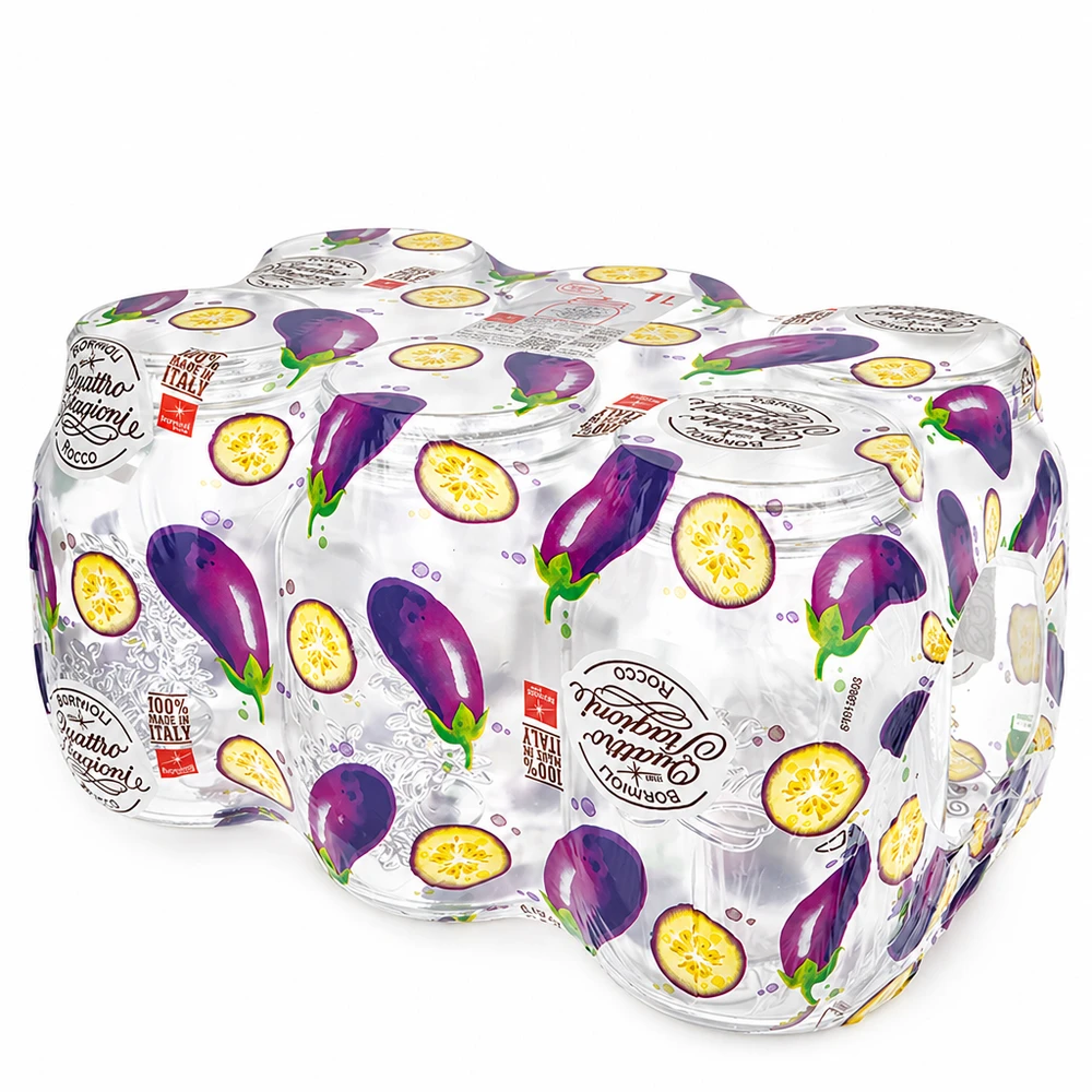1000ml huishoudglas "Quattro Stagioni" Quattro Stagioni huishoudpotten 1000ml met aubergine decoratie in een handig pak van vier om te bewaren en in te bewaren