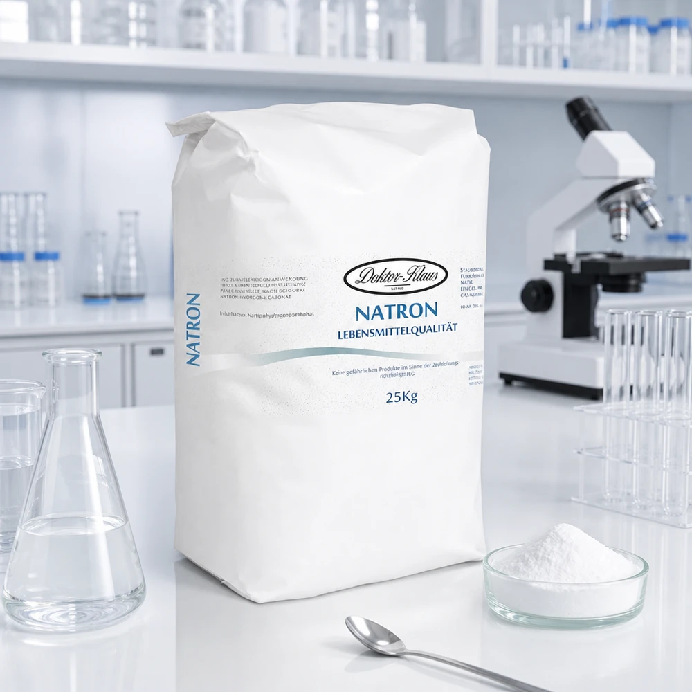 25 kg zak natron Witte papieren zak van 25 kg zuiveringszoutpoeder in een laboratoriumomgeving voor professionele chemische toepassingen