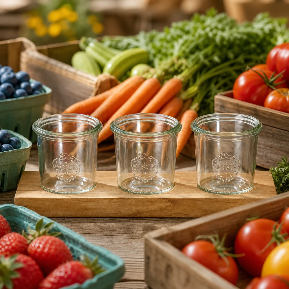 Serveerplank Plano3 met 3 Weck-glazen van 140 ml WECK bekers 140ml op serveerplank Plano3 gedecoreerd tussen verse marktgroenten tomaten wortelen en bessen