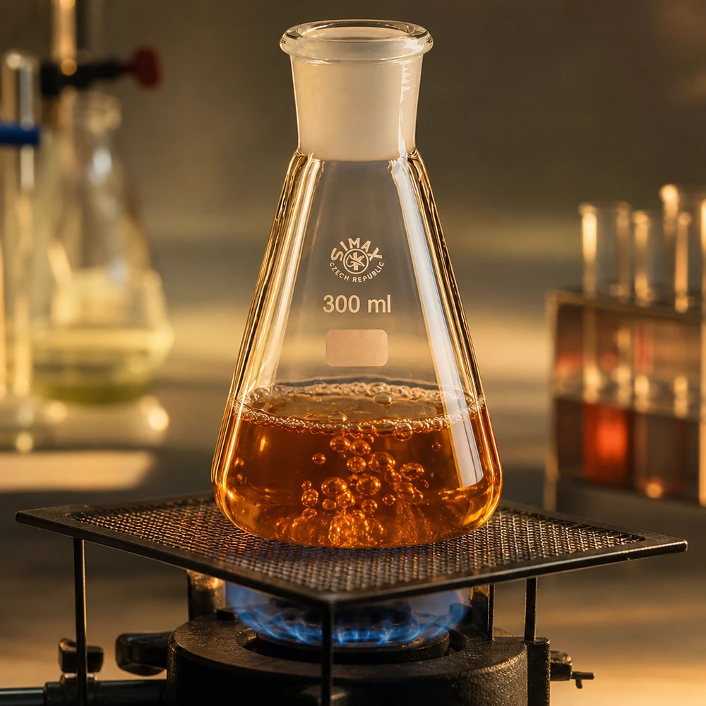 Erlenmeyer 300ml nauwe hals borosilicaat met slijpstuk 29/32 Erlenmeyer van 300 ml met maatverdeling met volumemarkeringen en standaard geslepen 29/32 laboratoriumglaswerk