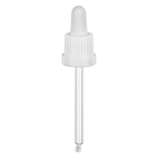 Glazen druppelpipet wit/wit 18 mm PL78 garantiesluiting (VR) Glazen druppelpipet wit/wit 18 mm PL78 garantiesluiting (VR)