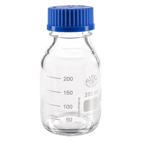 250 ml laboratoriumfles met schroefdraad + blauwe dop + ring 250 ml laboratoriumfles met schroefdraad + blauwe dop + ring
