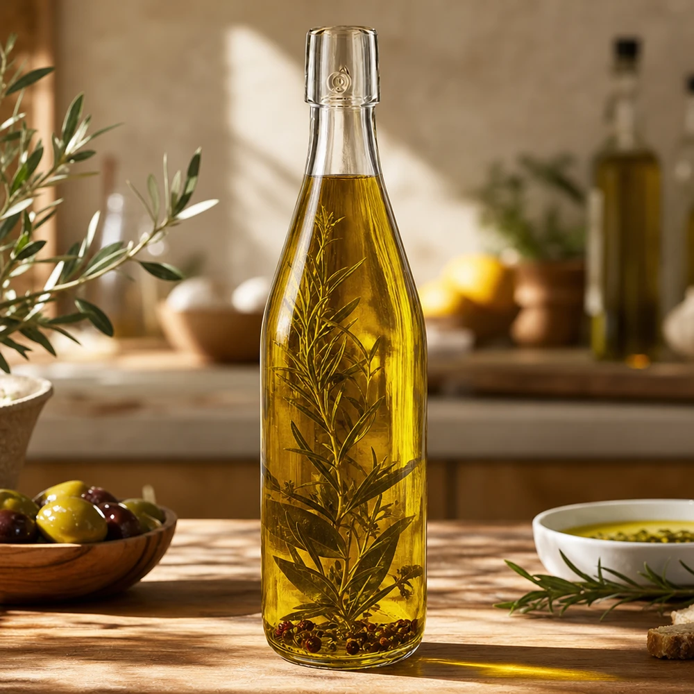 500ml UNiTWIST glazen fles gevuld met olijfolie en kruiden in de mediterrane keuken als voorbeeld van gebruik
