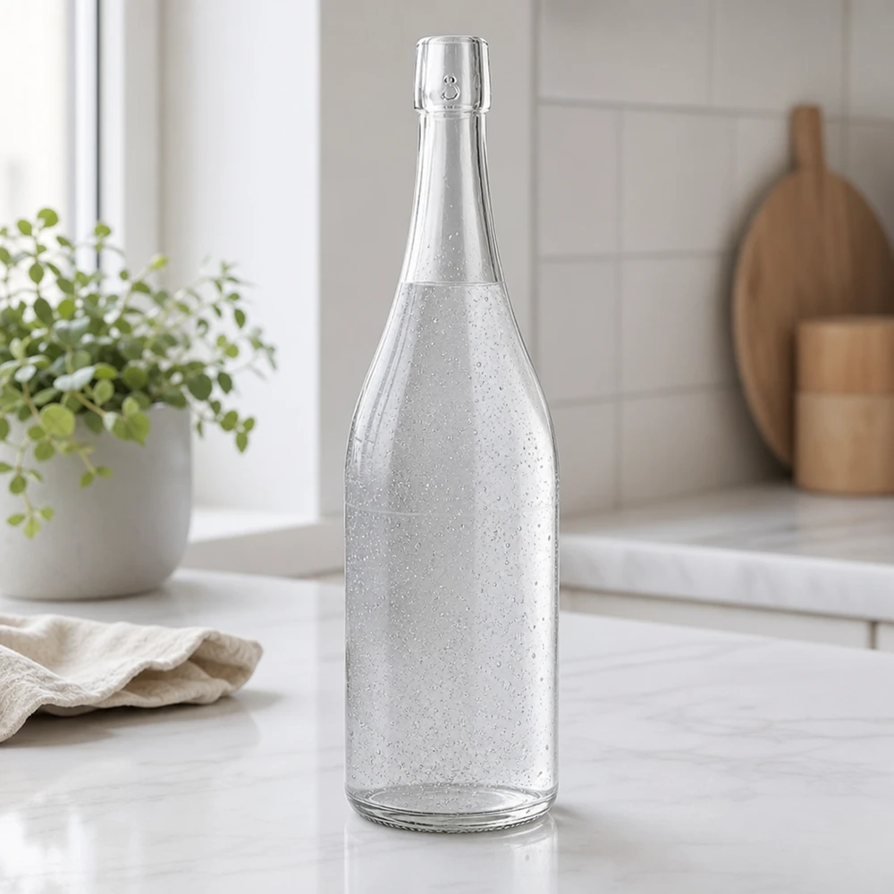 750ml UNiTWIST glazen fles gevuld met sprankelend water moderne keuken wit marmeren werkblad sfeer