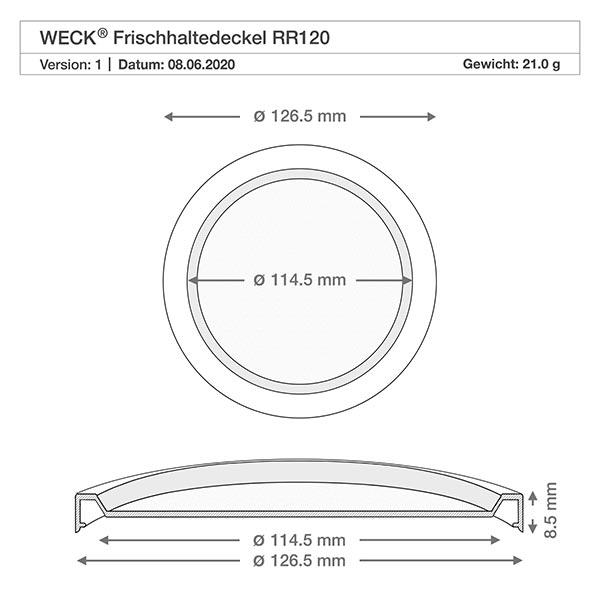Technische tekening WECK RR120 keep-fresh deksel met afmetingen 126,5mm buitendiameter 114,5mm binnendiameter