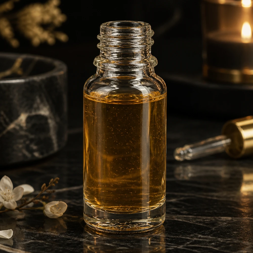 10ml apothekersfles ClearLine DIN18 UNiTWIST Kleine glazen flesje van 10 ml gevuld met gouden olie tegen een achtergrond van zwart marmer