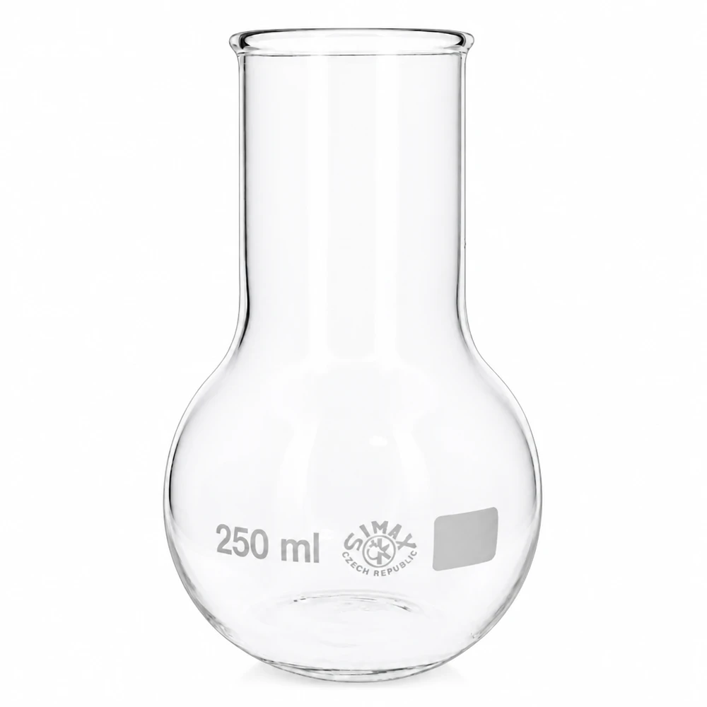 Platbodem kolf 250ml wijde hals borosilicaat met afgeronde rand Brede halskolf 250 ml met stabiele basis voor een veilige stand tijdens experimenten