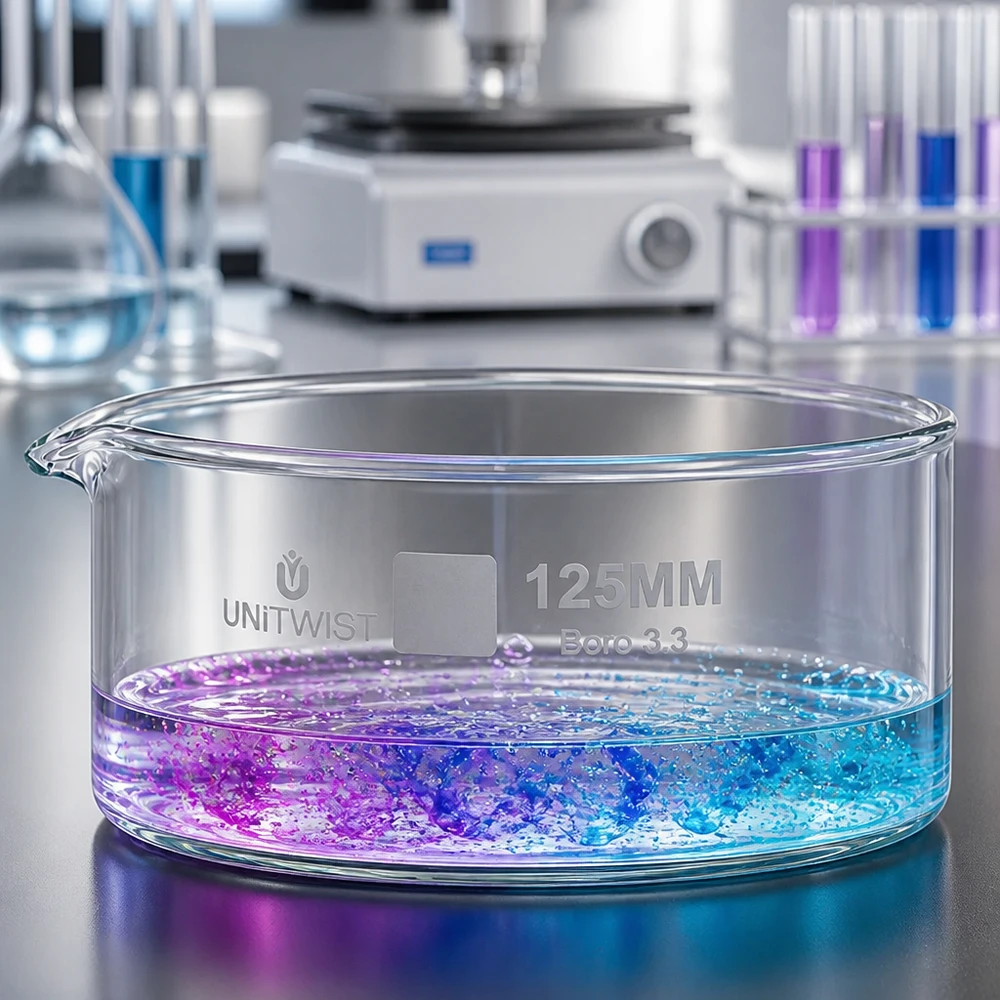 UNiTWIST-kristallisatieschaal van 125 mm met een tweekleurig vloeistofmengsel (blauw en paars) in het laboratorium